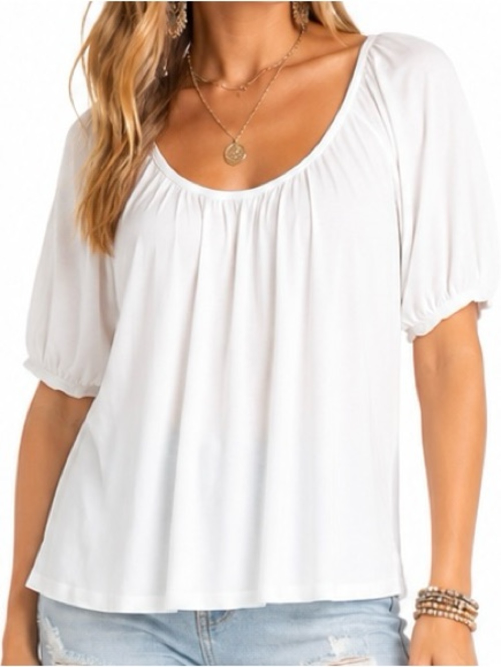 Express Women's White Puff Sleeve Relaxed Fit Banded Bottom Knit Top Size M
